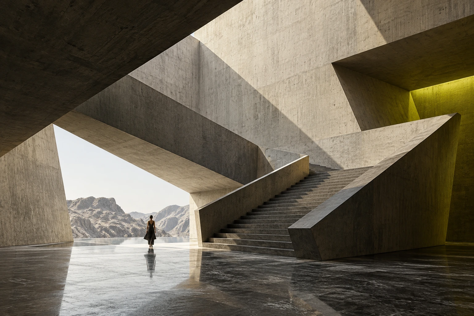 Sculptural concrete architecture and a person for scale