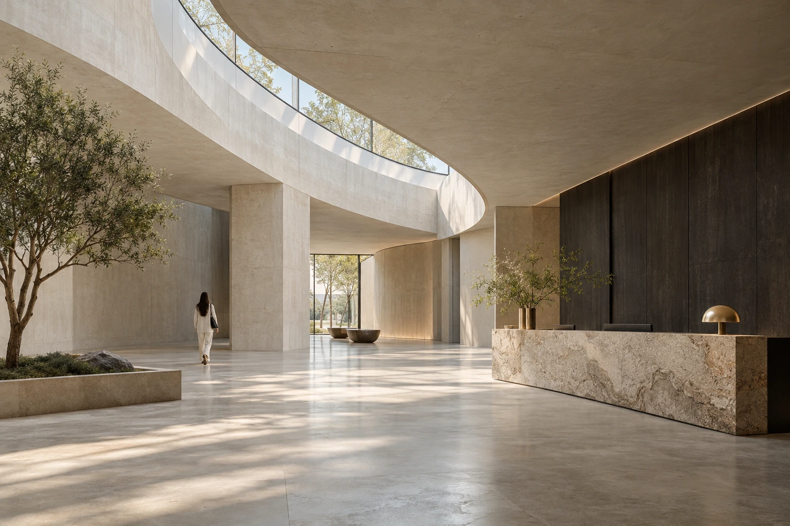 Architectural concept of a concrete gallery with sweeping curves and natural light