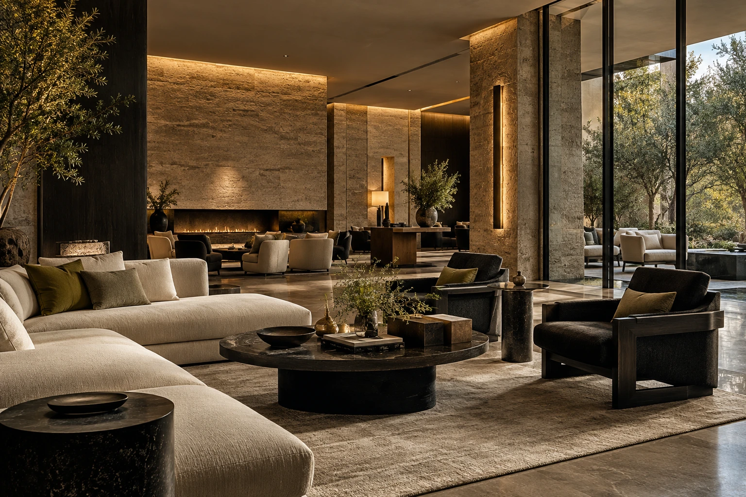 Hospitality interior concept with warm stone and lounge seating