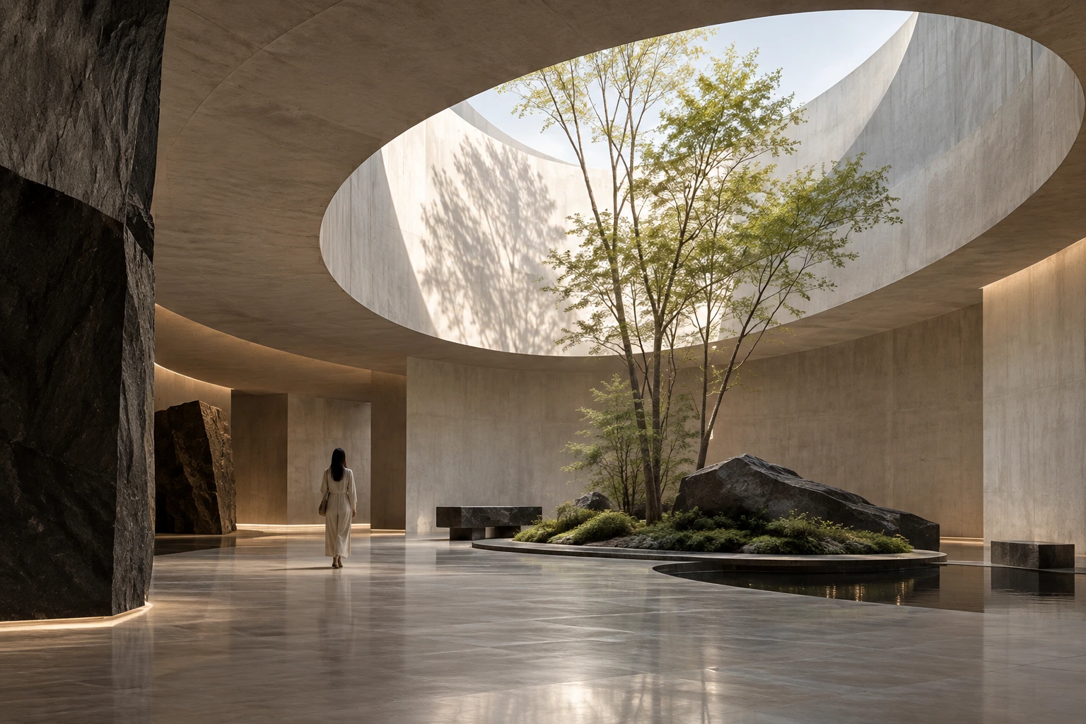 Monumental architectural space with a person walking through light