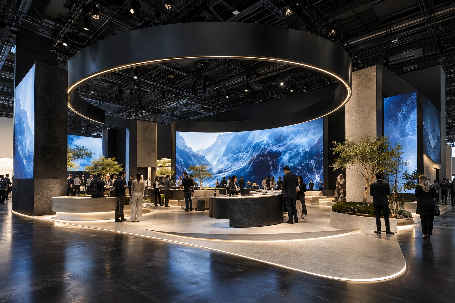 Technology exhibit concept with a suspended circular feature
